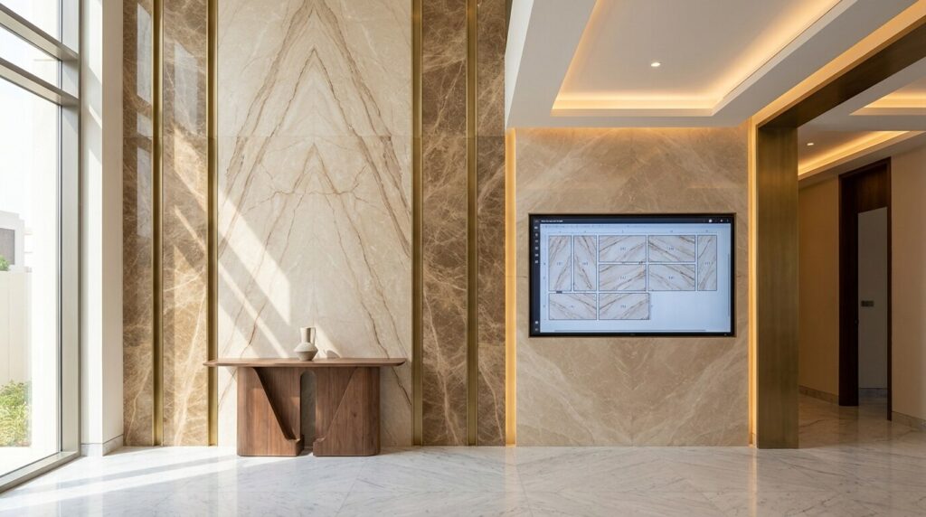Bookmatched Marble Walls in Dubai Interiors: Digital Slab Layout Before Cutting