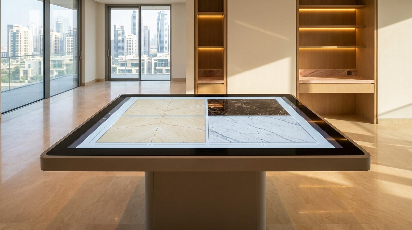 Bookmatched Marble Walls in Dubai Interiors: Digital Slab Layout Before Cutting visual reference 2 showing digital stone layout table showing four marble slabs, vein continuity, and cut line marks
